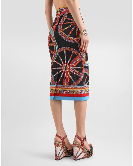 Dolce & Gabbana Red Carretto-Print Charmeuse Long Skirt