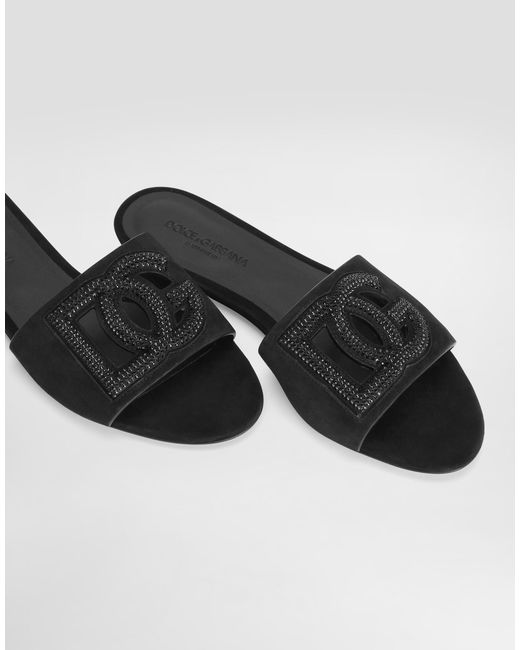 Dolce & Gabbana White Suede Slippers With Rhinestones