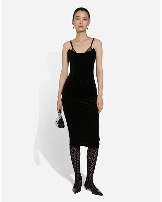 Dolce & Gabbana Black Velvet Calf-Length Corset Dress