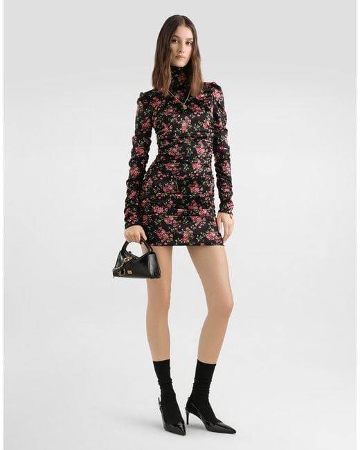 Dolce & Gabbana Black Small Rose Bouquets-Print Long Satin Dress