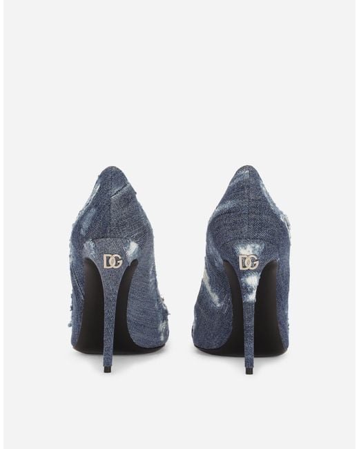 Dolce & Gabbana White Patchwork Denim Pumps With Rhinestone Buckle