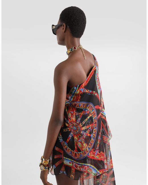 Dolce & Gabbana Red One-Shoulder Carretto-Print Chiffon Dress