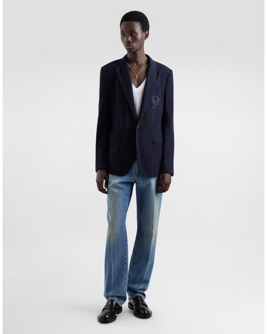 Chaqueta De Punto De Algodón Con Botonadura Sencilla Y Logotipo Bordado Dolce & Gabbana de hombre de color Blue