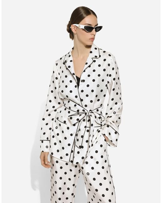 Dolce & Gabbana White Long-Sleeved Silk Pajama Shirt With Polka-Dot