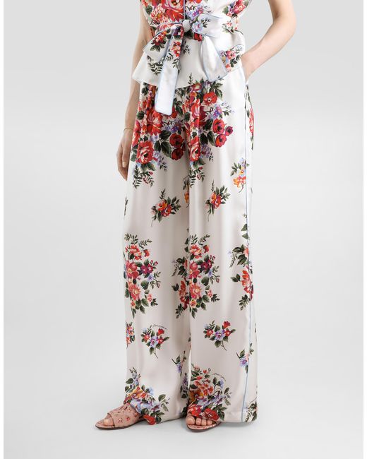 Dolce & Gabbana White Flower Bouquet-Print Twill Trousers
