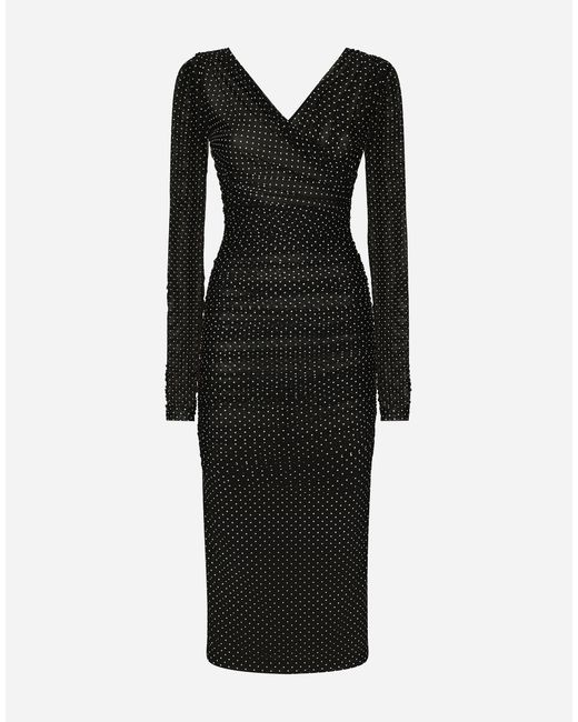 Dolce & Gabbana ドレープ&ドットプリント チュール ロンゲット ドレス Black