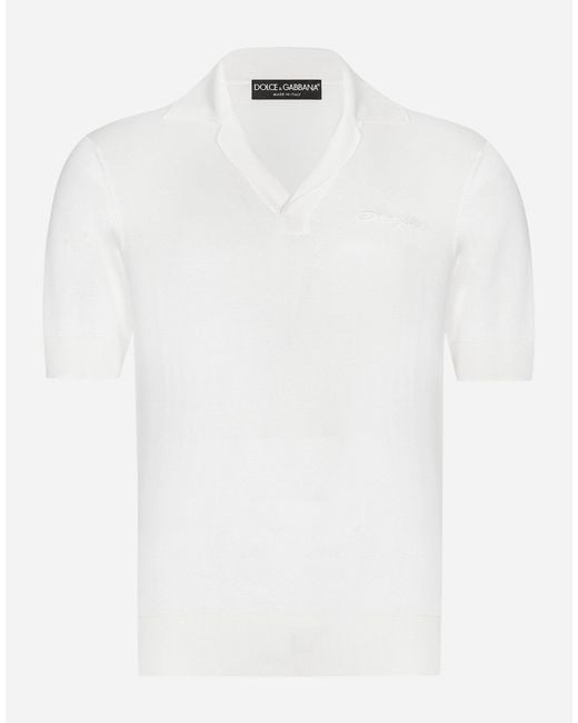 Dolce & Gabbana White Silk Polo-Shirt With Embroidery for men
