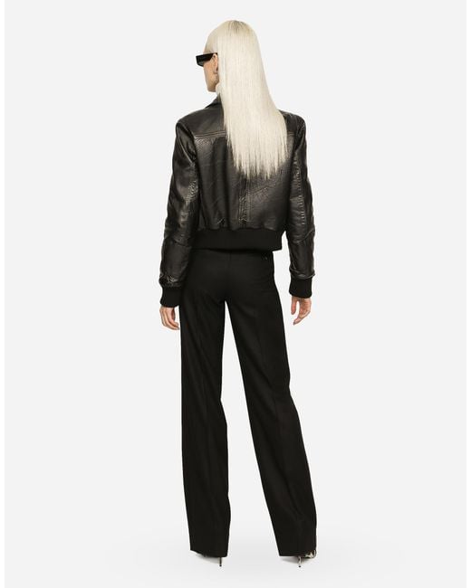 Dolce & Gabbana Black Ausgestellte Hose Aus Flanell Mit Logoplakette