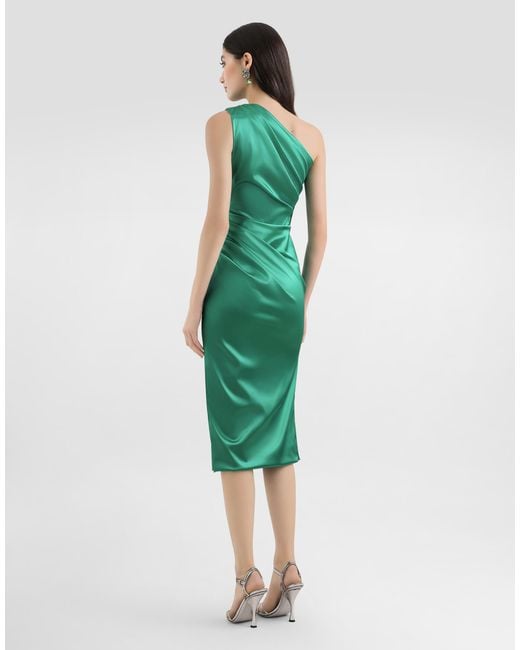 Dolce & Gabbana Green One-Shoulder Stretch Satin Dress