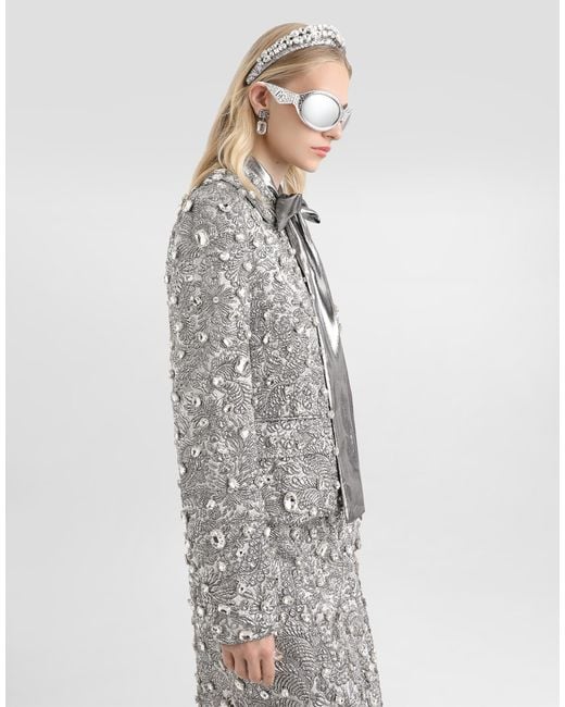 Dolce & Gabbana Gray Single-Breasted Embroidered Jacket With Stones