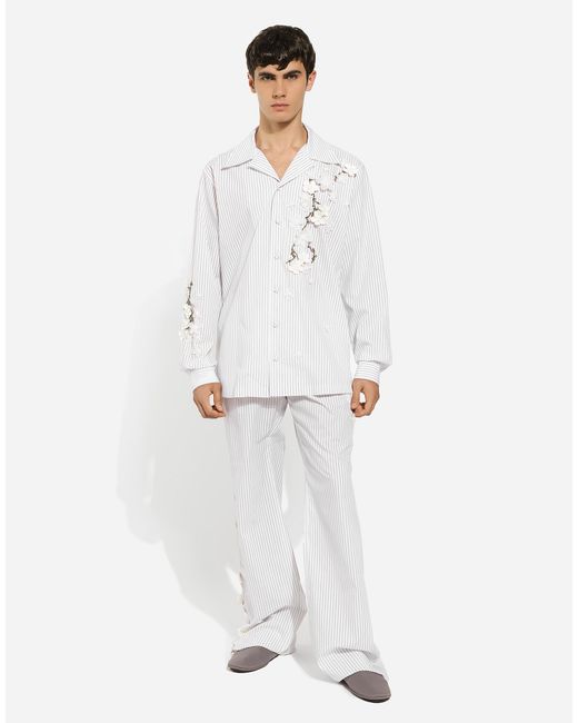 メンズ Dolce & Gabbana パンツ ポプリン ストライプ エンブロイダリー White