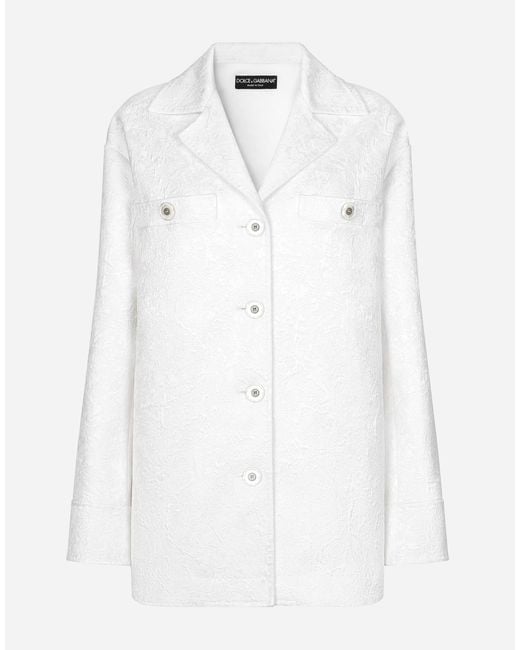 Dolce & Gabbana White Short Single-Breasted Brocade Coat