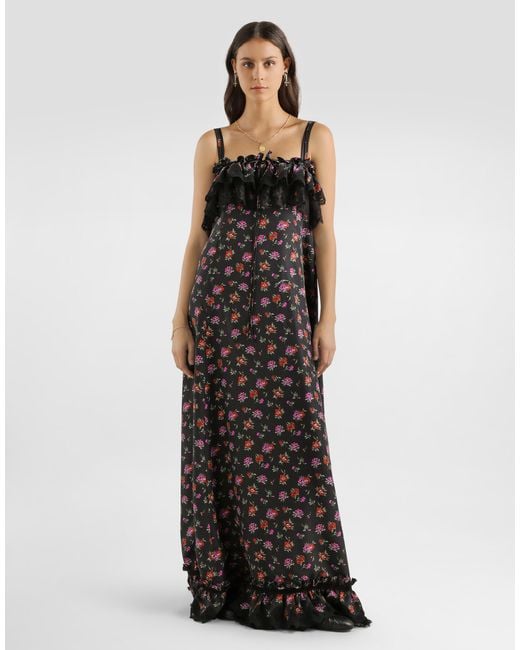 Dolce & Gabbana Black Floral-Print Habotai Long Dress