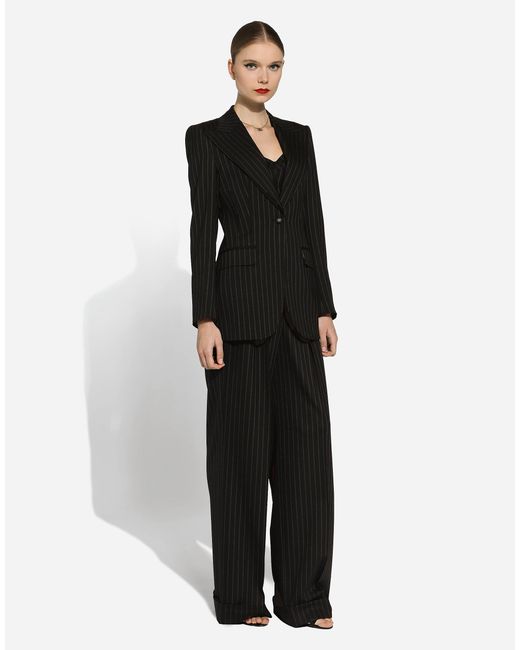Dolce & Gabbana Black Ausgestellte Nadelstreifenhose Aus Wolle