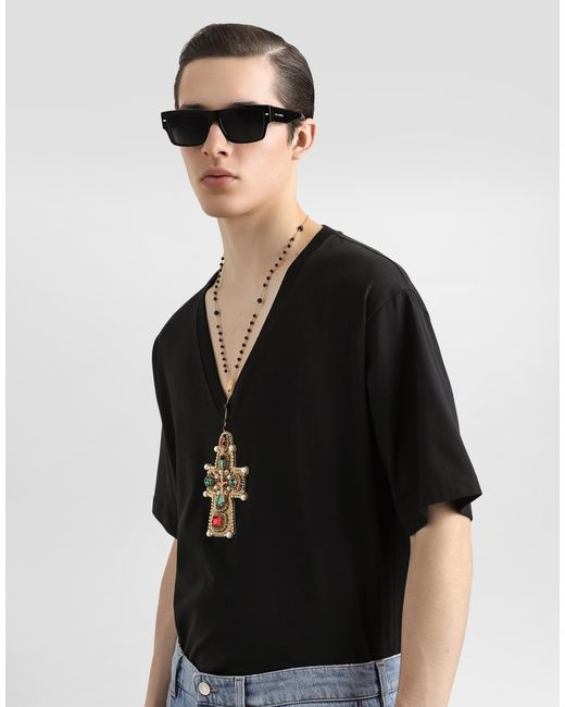 メンズ Dolce & Gabbana パッチ コットン Vネック Tシャツ Black