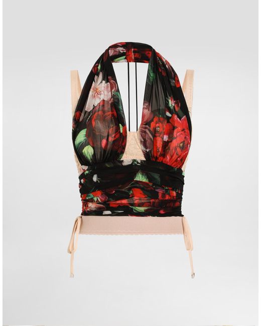 Dolce & Gabbana Marquisette And Chiffon Corset Top With Floral Red