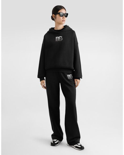Dolce & Gabbana Black Jersey Hoodie With Rhinestone-Detailed Dg Embellishment