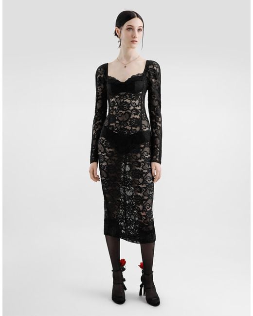 Dolce & Gabbana Black Calf-Length Floral Lace Dress With Bra-Style Cups