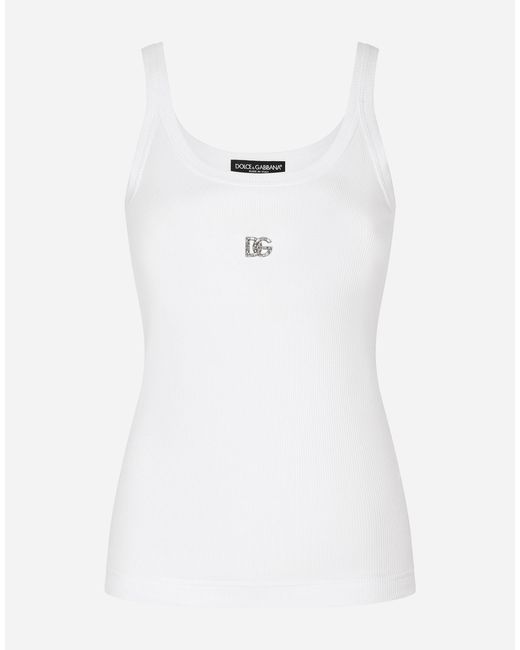 Dolce & Gabbana Fine-rib Tank Top With Crystal Dg Logo in White | Lyst