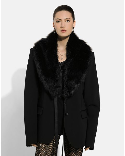 Dolce & Gabbana Black Wool Jacket Detachable Fur Collar