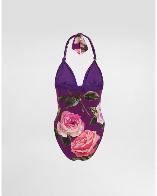 Dolce & Gabbana Pink Rose- One-Piece V-Neck Swimsuit