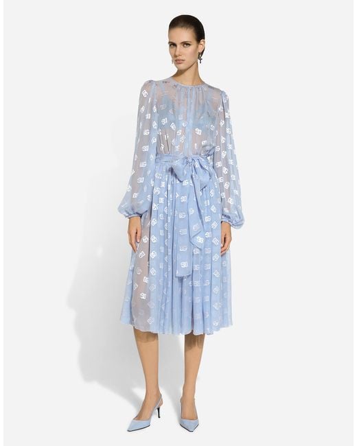 Dolce & Gabbana Blue Longuette-Kleid Aus Ausbrenner-Seidenjacquard Dg-Logo