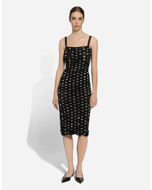 Dolce & Gabbana Black Tulle Calf-Length Sheath Dress With Draping And Polka-Dot