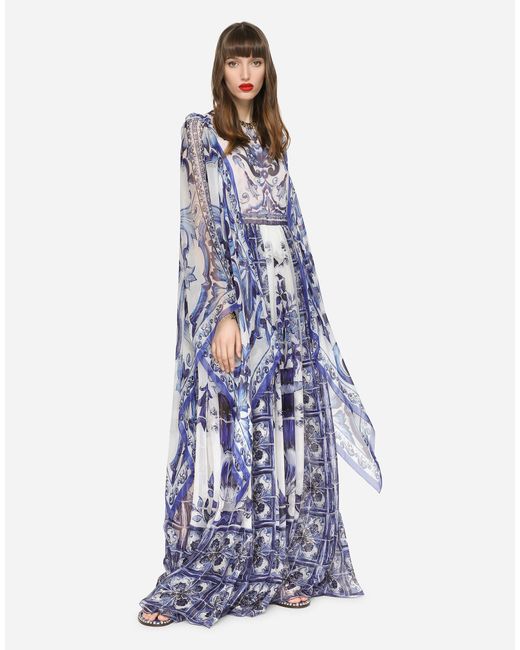 Dolce & Gabbana ロングドレス シフォン マヨリカプリント Blue