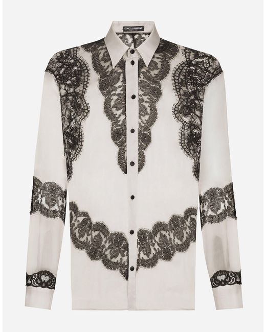 Dolce & Gabbana Gray Sheer Silk Lace-Trim Shirt for men