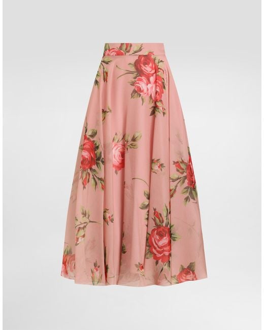 Dolce & Gabbana Pink Rose Bouquet-Print Chiffon Circle Skirt
