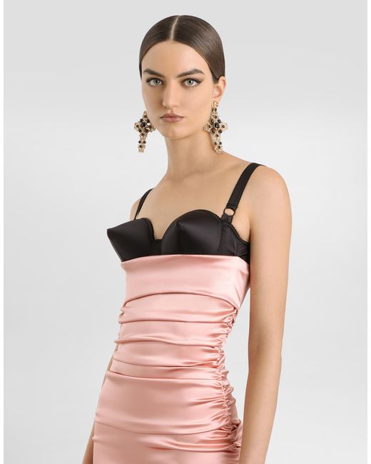 Dolce & Gabbana White Draped Satin Calf-Length Dress With Bra-Style Cups