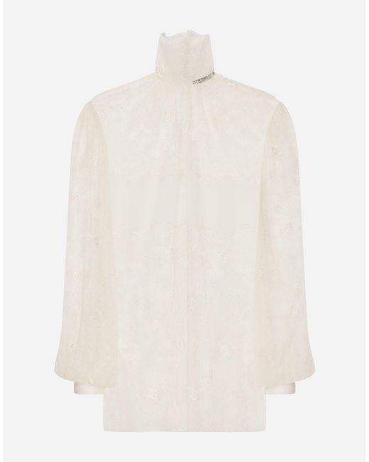 Dolce & Gabbana White Floral Lace Turtle-Neck Blouse