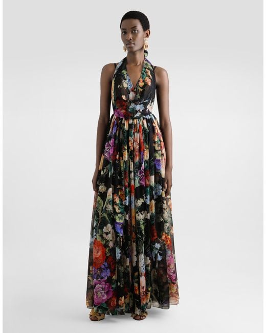 Dolce & Gabbana White Langes Kleid Aus Chiffon Mit Blumenbouquet-Print