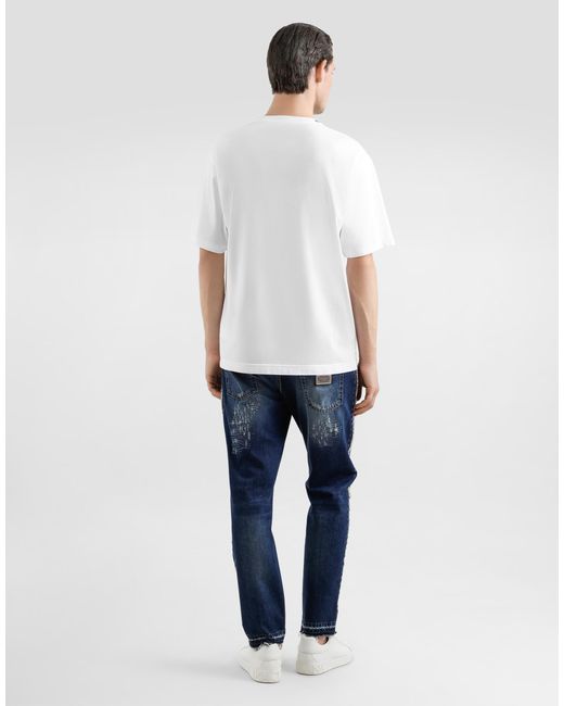 Dolce & Gabbana White Cotton T-Shirt With Logo Embroidery for men
