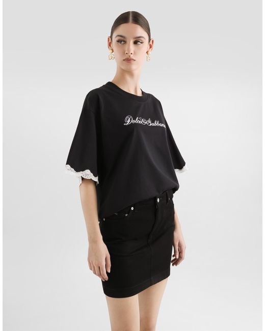Dolce & Gabbana Black Dolce & Gabbana Embroidered Logo Crewneck T-Shirt