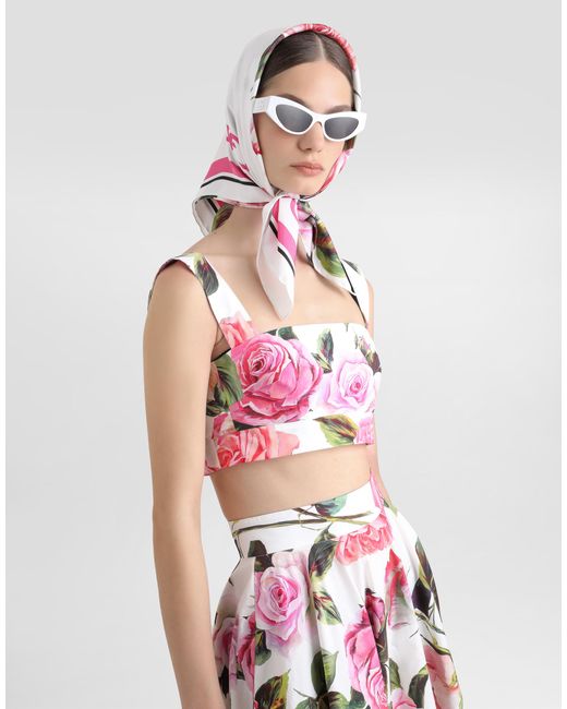 Top Bralette De Algodón Con Estampado De Rosas Dolce & Gabbana de color Pink