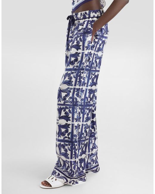 Dg Exclusive Pantalon Vanity En Sergé De Soie À Majoliques Dolce & Gabbana en coloris Blue