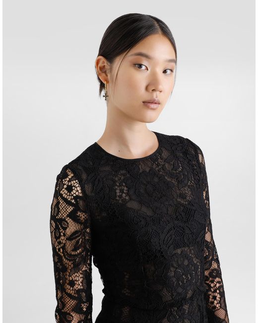 Dolce & Gabbana Black Ausgestelltes Longuette-Kleid Aus Floraler Spitze Mit Kontrastierendem Futter