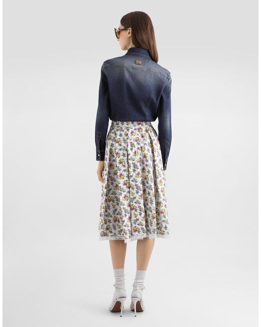 Dolce & Gabbana White Small Floral-Print Poplin Skirt
