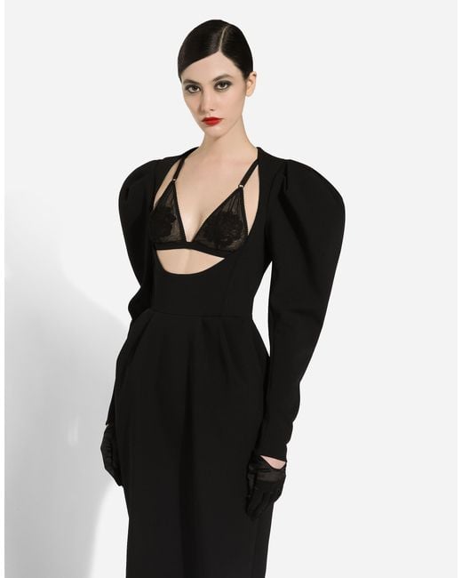 Dolce & Gabbana Black Calf-Length Wool Dress With Open Neckline