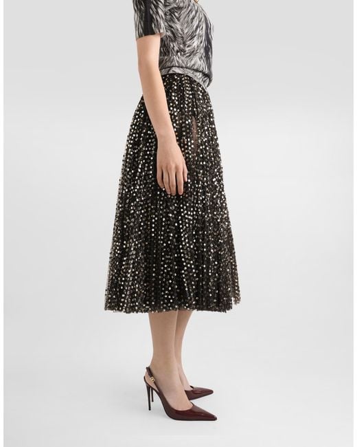 Dolce & Gabbana Black Tulle Midi Circle Skirt With Micro-Sequin Embroidery