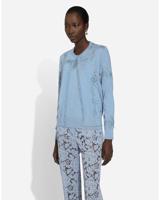 Cárdigan De Cachemira Y Seda Con Aplicación De Encaje Dolce & Gabbana de color Blue