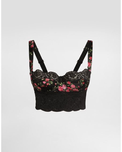 Dolce & Gabbana Black Balconette-Bh Aus Elastischem Satin Und Spitze Mit Einem Print Mit Kleinen Rosensträußen