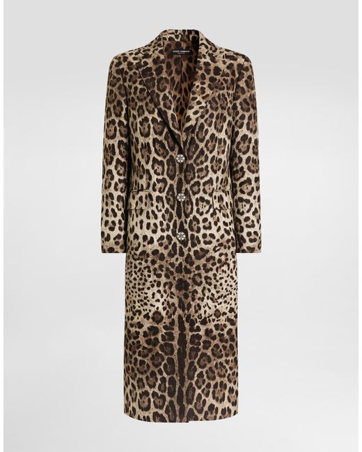 Dolce & Gabbana Natural Leo- Brocade Single-Breasted Coat With Jewel Buttons