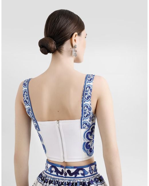 Dolce & Gabbana Blue Majolica-Print Charmeuse Corset