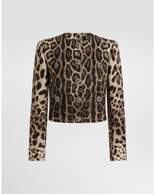 Dolce & Gabbana White Leo- Brocade Single-Breasted Jacket With Jewel Buttons