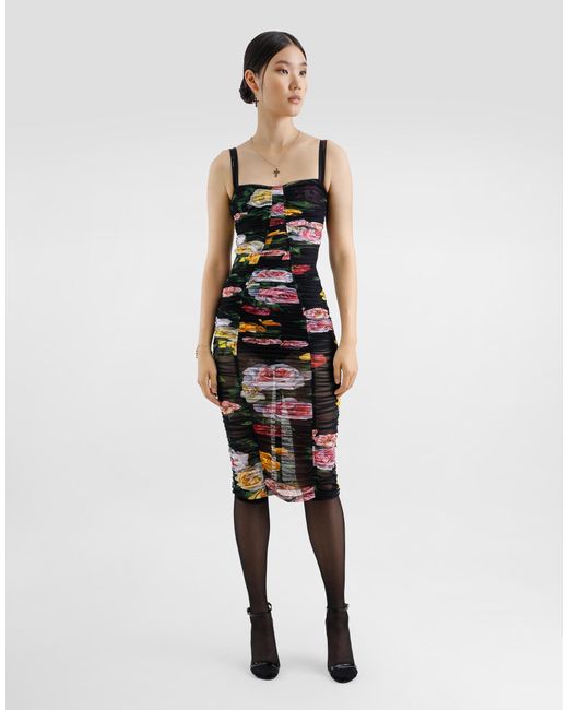 Dolce & Gabbana White Tulle Calf-Length Slip Dress With Draping And Peony And Rose