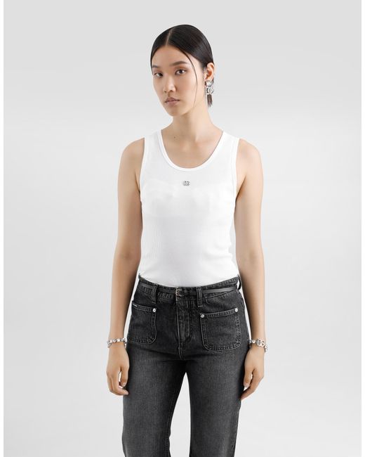 Dolce & Gabbana White Fine-Rib Jersey Tank Top With Dg Logo Pin