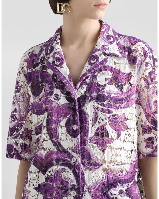 Dolce & Gabbana Purple Majolica-Print Crochet Lace Shirt