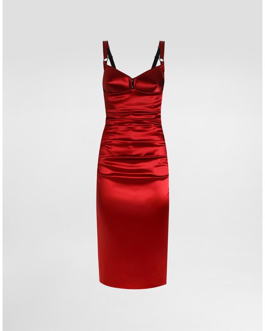 Dolce & Gabbana Red Draped Satin Calf-Length Dress With Conical Cups